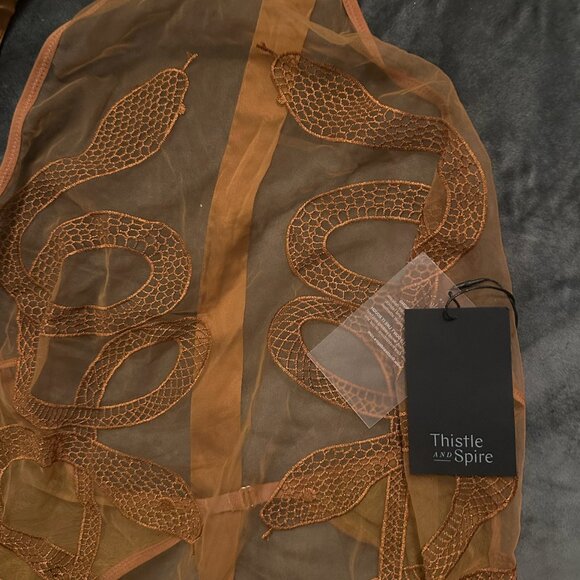 Thistle and Spire RARE LIQUID GOLD MEDUSA bodysuit sheer front snake embroidery - Picture 3 of 8